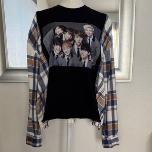 Black BTS Graphic Long Sleeve Shirt with Plaid Sleeves